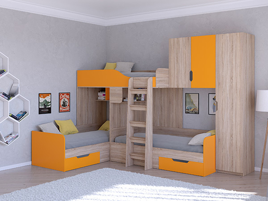 Детская кровать  Трехместная кровать ТРИО/2 Сонома/Оранжевый
