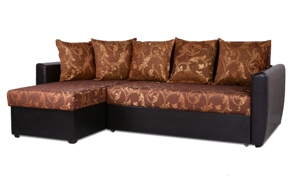 Диван кожаный Мартин Угловой диван-кровать «Мартин» крупный вензель на коричневом фоне и коричневый кожзам